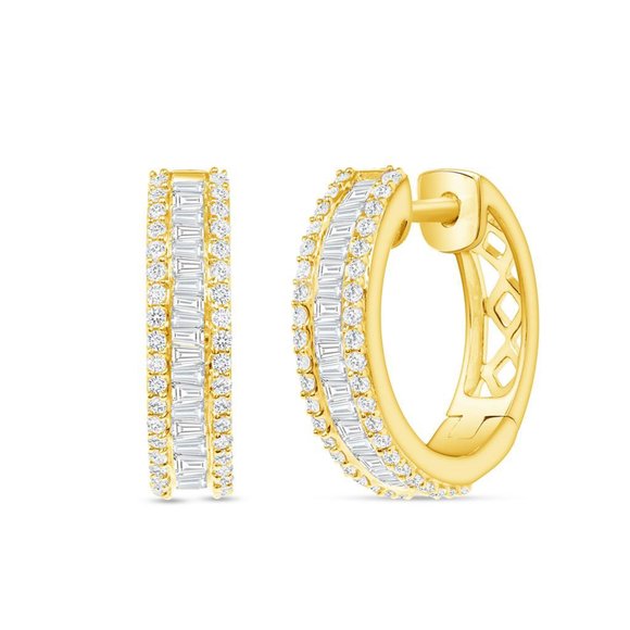 14K Yellow Gold 16 mm Height Diamonds Hoop Earrings